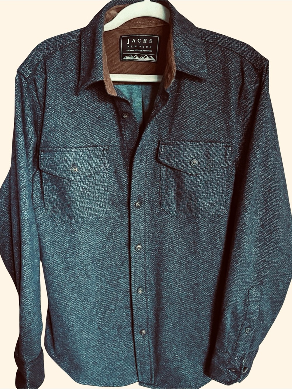 Men's JACHS New York flannel shirt jacket in a brown & grey herringbone pattern.